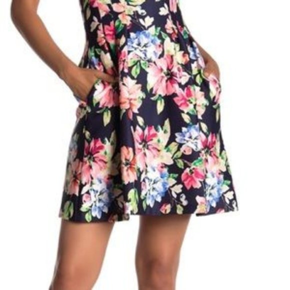 Vince Camuto Navy Floral Fit and Flare Scuba  Dress - Picture 3 of 15